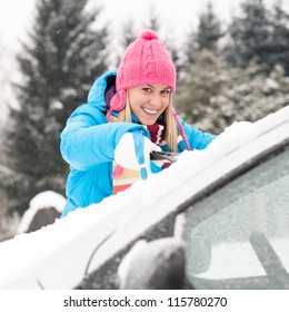 Woman Cleaning Car Windshield Of Snow Winter Happy Young Scraper