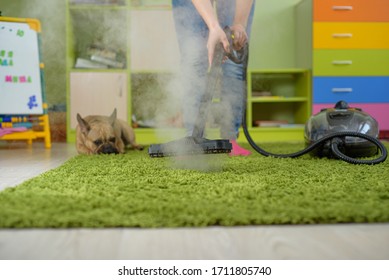 Woman Cleaning Carpet Withsteam Generator In The Children Room. Destroying Allergens - House Dust Mites And Pet Hair