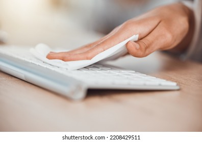 Woman Cleaning Computer Keyboard, Covid Safety And Dust At Office Desktop Workplace. Hands, Cleaner And Cloth Wipe Pc Table For Bacteria, Dust And Corona Virus Caution For Sick Workspace Health Risk