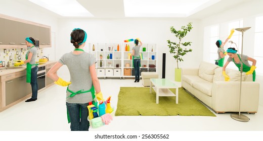 Woman Cleaning House At The Same Time In Different Places While One Is Supervising Progress