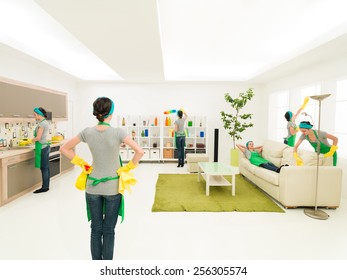 Woman Cleaning House At The Same Time In Different Places While One Is Supervising Progress And One Rests On Couch