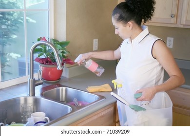 Woman Cleaning The Sink In A Kitchen Spraying The Sink And Counter Top