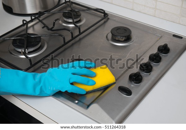 Woman Cleaning Stainless Steel Gas Surface Stock Photo Edit Now