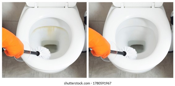 Woman cleaning toilet bowl with brush in bathroom, closeup. Before and after 