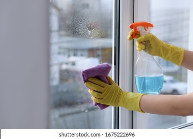 Woman Cleaning Window At Home, Closeup. Household Chores