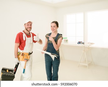 Woman Client And Contractor Talking, Laughing At Renovation Site, Apartment