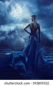 Woman Climb Up Stairs To Fantasy Moon Heaven, Fairy Girl In Night Blue Dress, Model Back View Looking Over Shoulder