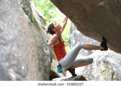 Woman Climbing Forest Of Fontainebleau