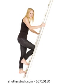 Woman Climbing Up The Ladder Isolated On White Background