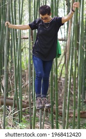 A Woman Climbing Through A Bamboo Field