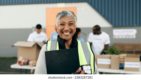 Woman, clipboard and manager in charity, volunteer and organizer for outreach program, smile and portrait. Happy senior person, non profit and support in social responsibility for NGO foundation - Powered by Shutterstock