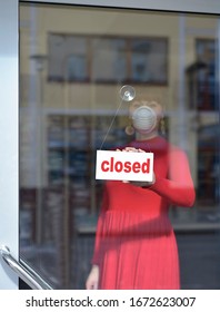 Woman In Closed Shop With Mask - Your Text Closed