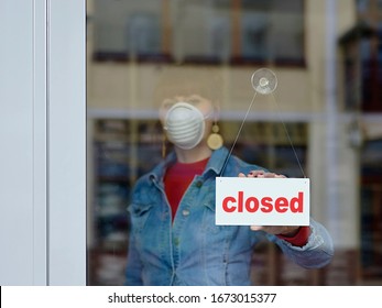 Woman In Closed Shop With Mask - Your Text Closed