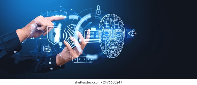 Woman closeup finger touch phone screen, glowing digital face id hologram, biometric verification and authentication. Concept of internet security and personal data protection