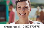 Woman, closeup and portrait in park with smile for career, summer and travel employee or happiness. Saleswoman, zoom and confidence for outdoors with face for joy, sunshine in Sydney or Australia