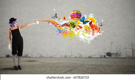 Woman Clown With Colored Spray