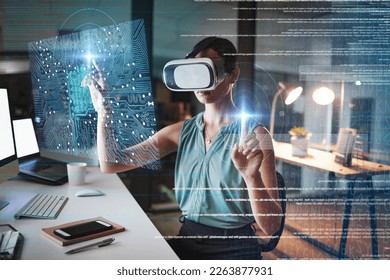 Woman, coding and night with vr double exposure, hologram graphic or web design planning for cybersecurity. Developer, augmented reality glasses or future cloud computing at office with metaverse ux - Powered by Shutterstock