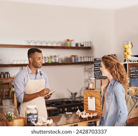 Woman, coffee shop and waiter with writing at counter for shopping, purchase and lunch at cafe. Female person, small business and barista with notepad for discussion, order and customer service - Powered by Shutterstock