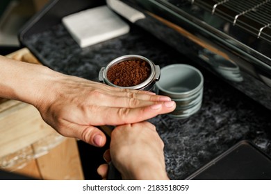 Woman Coffee Shop Worker Preparing Coffee On Professional Coffee Machine