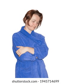 Woman With A Cold In A Dressing Gown Isolated On White Background