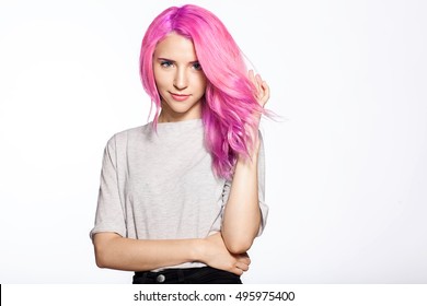 Woman and colorful hair in blank gray t  shirt   black tight jeans 