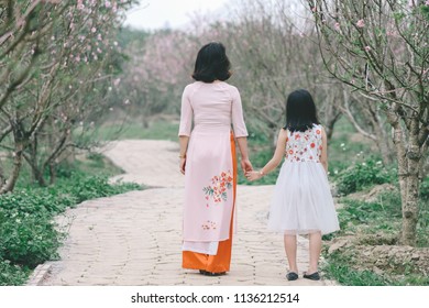 The woman in colorful traditional dress goes in the peach blossom garden
very beautiful, on the occasion of the traditional New Year's Day in the capital Ha Noi - Viet Nam.date 02/02/2018