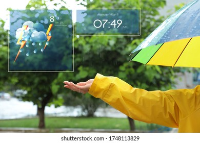Woman with colorful umbrella outdoors on rainy day and weather forecast widgets, closeup. Mobile application - Shutterstock ID 1748113829