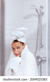Woman comes out of the shower with very cold