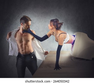 Woman Coming Out Of Computer To Seduce