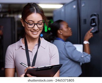 Woman, computer and server room with tablet for security, firewall and safety from cyber attack. Technician, tech and data center with hardware for software update, encryption and database management