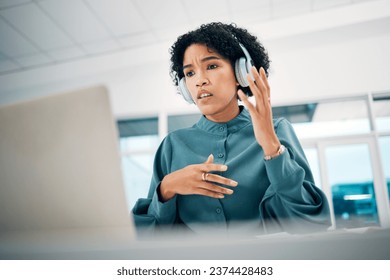 Woman is confused, laptop glitch and headphones, video conference for presentation, tech and online meeting. Communication fail, 404 or error during virtual discussion, webinar and corporate training - Powered by Shutterstock