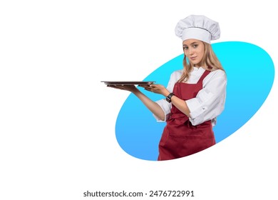 Woman cook. Restaurant chef with empty mouth. Girl cook on white and blue. Culinary lady looks at camera. Copy space for cafe. Female cook in red apron. Restaurant chef invites you to eat - Powered by Shutterstock
