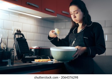 Woman Cooking Breakfast Staining Her Apron With Waffle Mix. Clumsy Home Cook Dropping Batter On The Clothes
