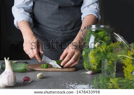 Woman cooking marinated cucumbers with garlic and dill in glass jar. Rustic dark style. Close up. Fermented vegetables in brine.