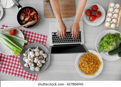 Woman Cooking On Kitchen. Food Blog Concept, Top View