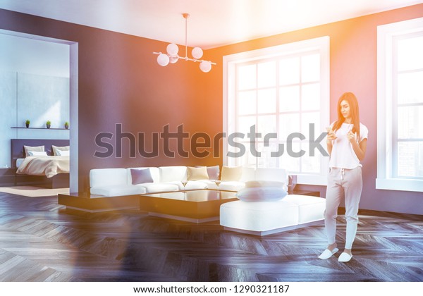 Woman Corner Living Room Gray Walls 스톡 사진 1290321187 Shutterstock