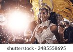 Woman, costume and carnival as samba performance with music, parade and energy for celebration. Dancer, happy and traditional outfit at night party with culture and crowd for event in rio de janeiro