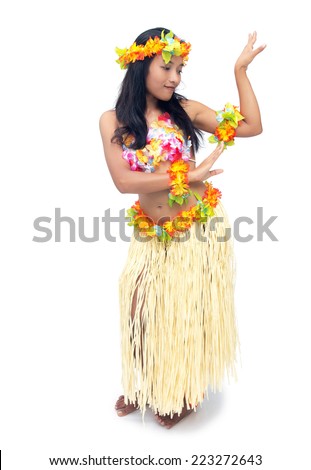 Woman in costume dancer Hawaii Hula dancing isolated on white background.