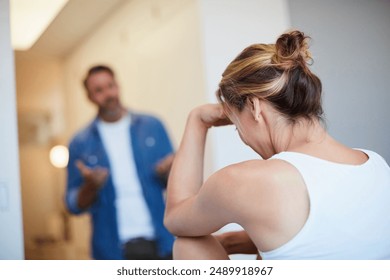 Woman, couple and conflict in home with argument for disagreement, fight or cheating affair. Stress, people or frustrated for toxic relationship, marriage fail and breakup with dispute and separation - Powered by Shutterstock