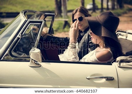 Similar – Image, Stock Photo Woman looking through the binoculars and friend driving