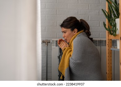 A woman covered with a blanket is freezing because of an energetic crisis at home and trying to warm sitting by the radiator.
