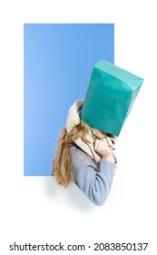 Woman Covering The Head Wigh A Shopping Bag. Shopaholic And Shopping Addiction Concept