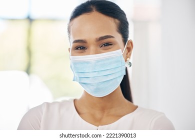 Woman, Covid And Mask, Health And Safety Portrait, Follow Healthcare Rules And Regulations For Protection. Young Latino Person, Protect Against Disease To Be Healthy, Pandemic And Covid 19 Mockup.