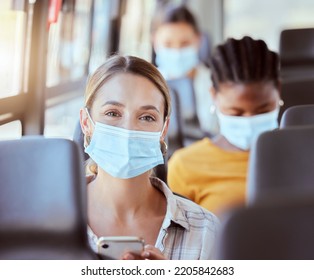 Woman, Covid And Mask On Bus With Phone For Travel Safety Public Transport Commute. Portrait, Health And Healthcare Female With Ppe, Corona Protection And Social Media, Online 5g Mobile And Web App.