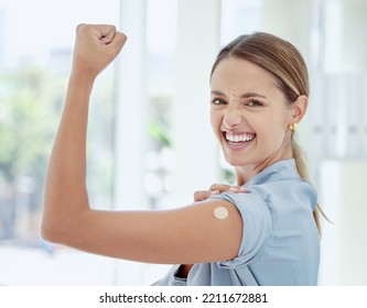 Woman, Covid Vaccine Or Band Aid On Flex Arm In Power, Strength Or Support Of Australian Hospital Injection. Happy Smile Portrait Of Patient And Plaster In Global Virus Security Or Safety Wellness