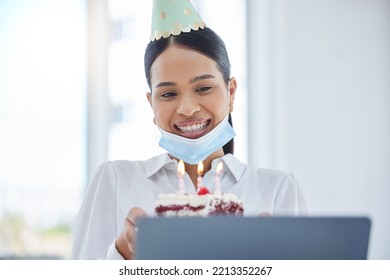 Woman In Covid, Video Call Birthday Party And Online Celebration With Candles On Cake For Social Distancing At Work. Coronavirus Pandemic, Face Mask For Global Health And Safety Office Compliance