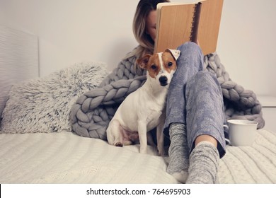 Woman In Cozy Home Clothes Relaxing At Home With Dog Jack Russel Terrier, Drinking Cacao, Reading A Book. Comfy Lifestyle.
