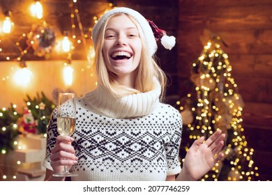 Woman Cozy Knitted Sweater Enjoy Christmas Atmosphere At Home. Girl Winter Clothes Santa Claus Hat Celebrate Christmas And Happy New Year.