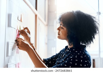 Woman, creative and workplace with whiteboard or sticky notes, planning and writing with pen for brainstorming idea. Company, project and employee or problem solving, strategy and professional - Powered by Shutterstock