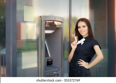 Woman With Credit Card At ATM Cash Machine - Elegant Business Woman Checking Account Balance 
